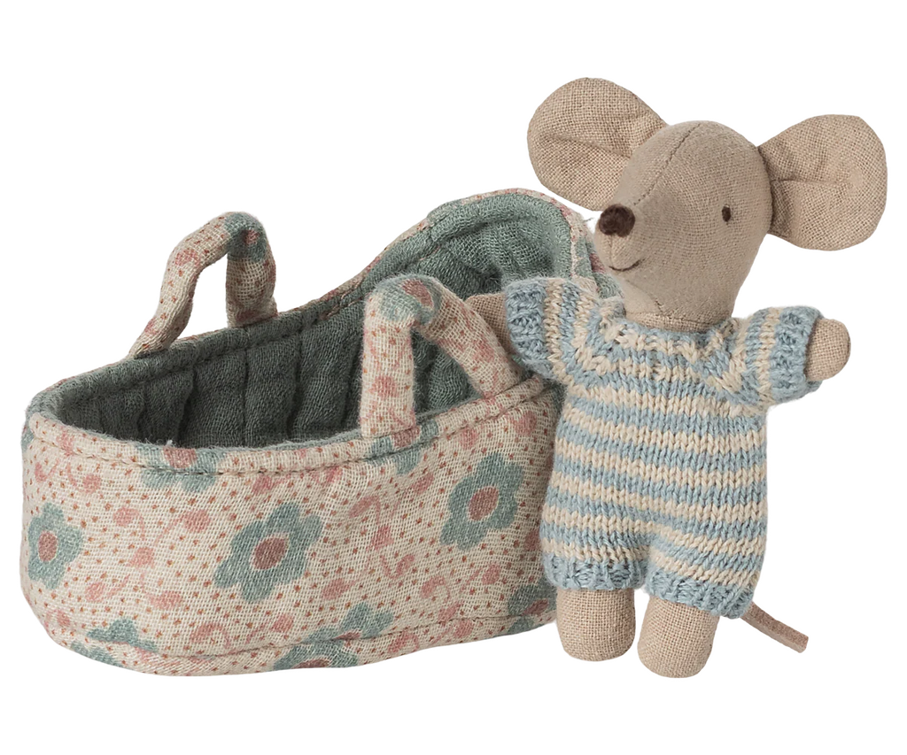 Maileg Baby Mouse in Carry Cot - Blue Maileg