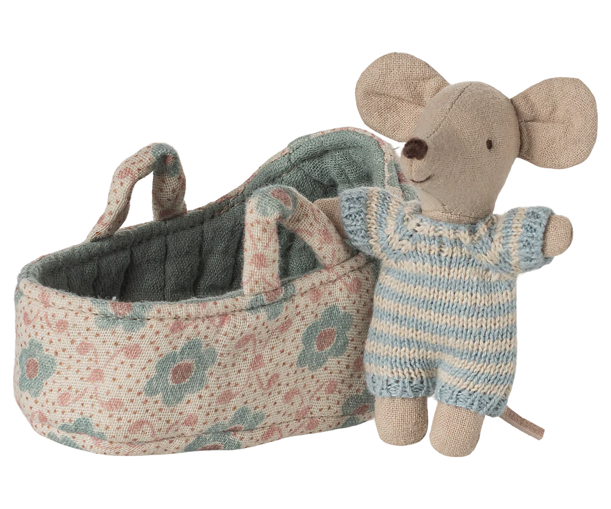 Maileg Baby Mouse in Carry Cot - Blue Maileg