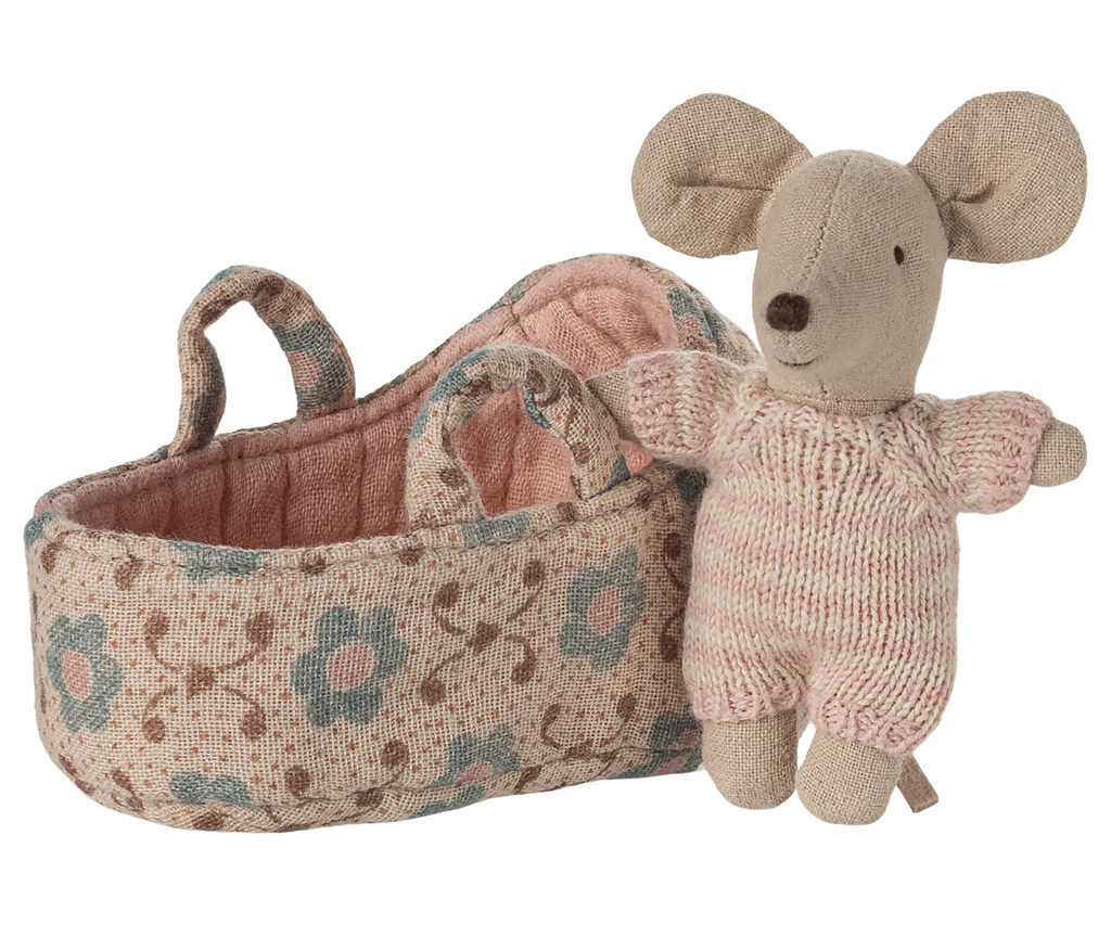 Maileg Baby Mouse in Carry Cot - Rose Maileg