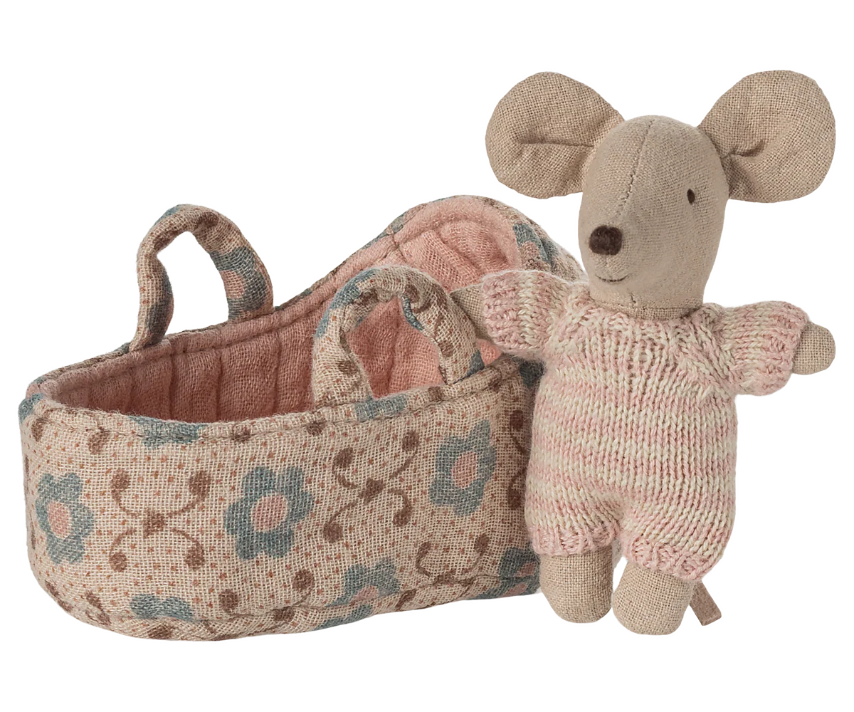 Maileg Baby Mouse in Carry Cot - Rose Maileg