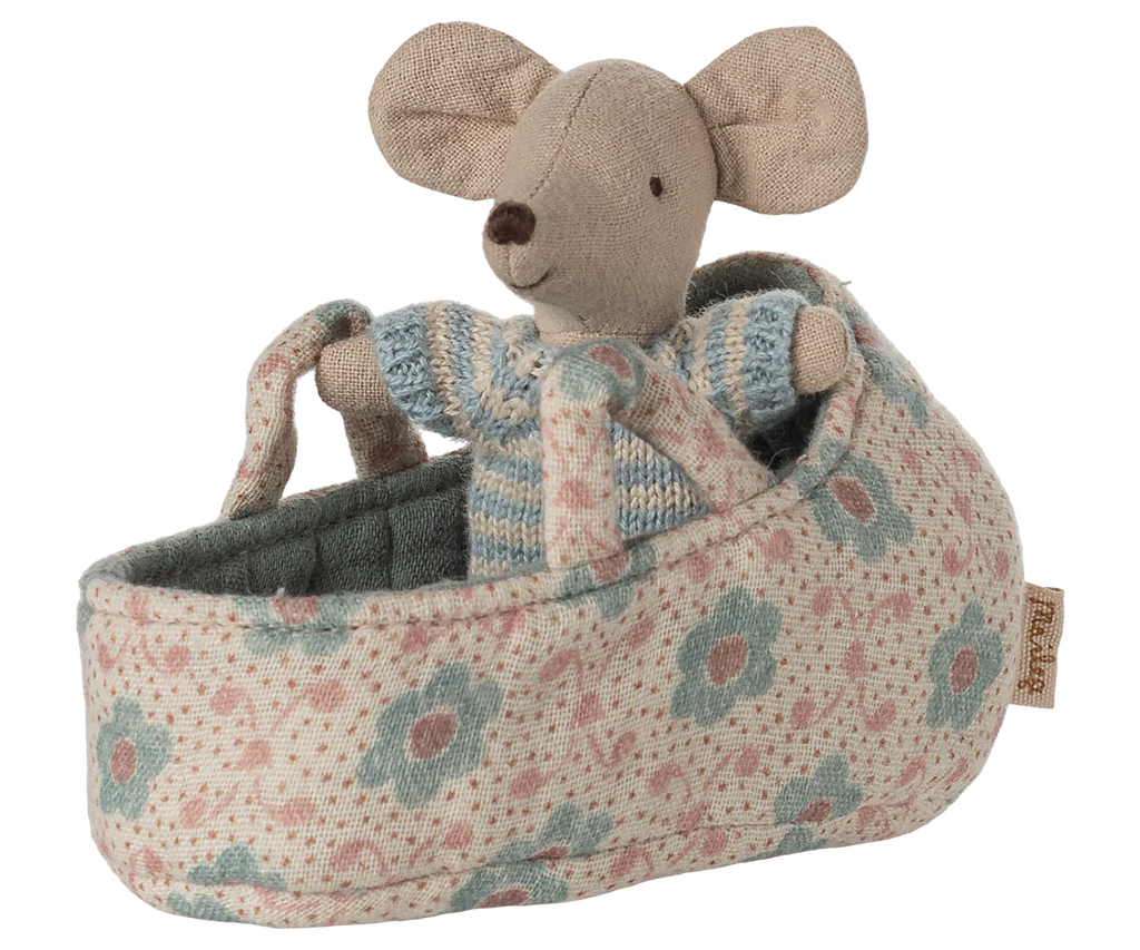 Maileg Baby Mouse in Carry Cot - Blue Maileg