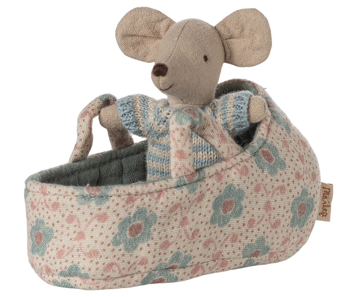 Maileg Baby Mouse in Carry Cot - Blue Maileg