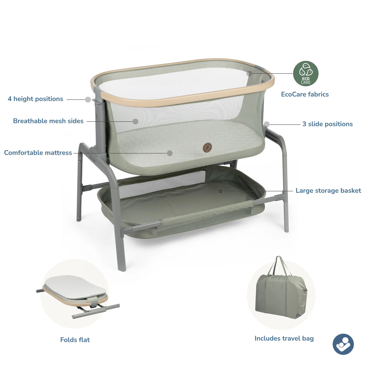 Maxi-Cosi Iora Bedside Bassinet - Classic Oat - EcoCare Maxi-Cosi
