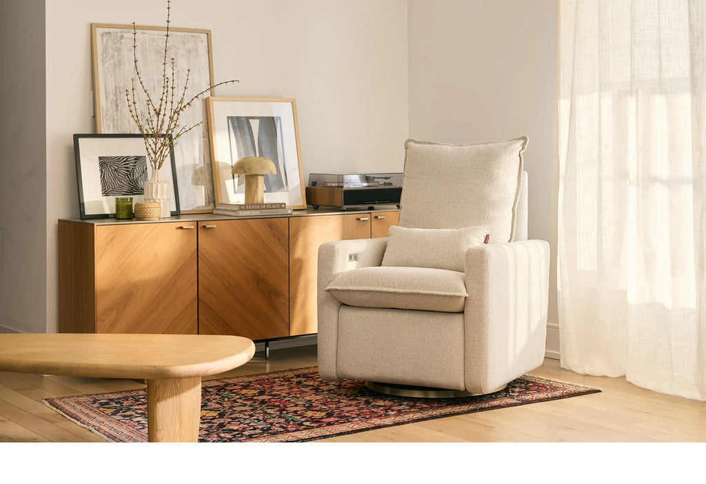 Monte Motorized Cortina Glider Recliner - Dune with Matte Gold Swivel Base Monte