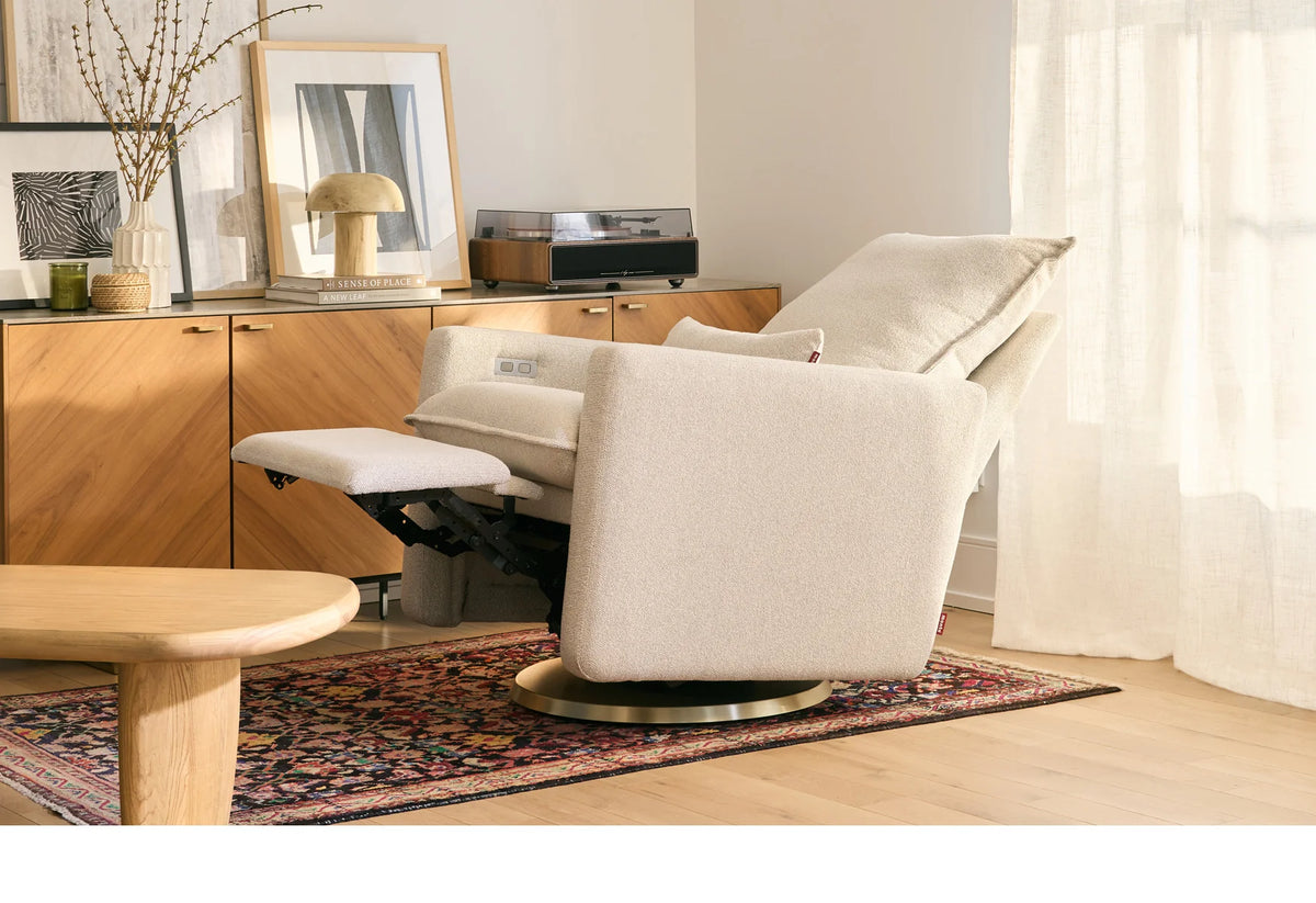 Monte Motorized Cortina Glider Recliner - Dune with Matte Gold Swivel Base Monte
