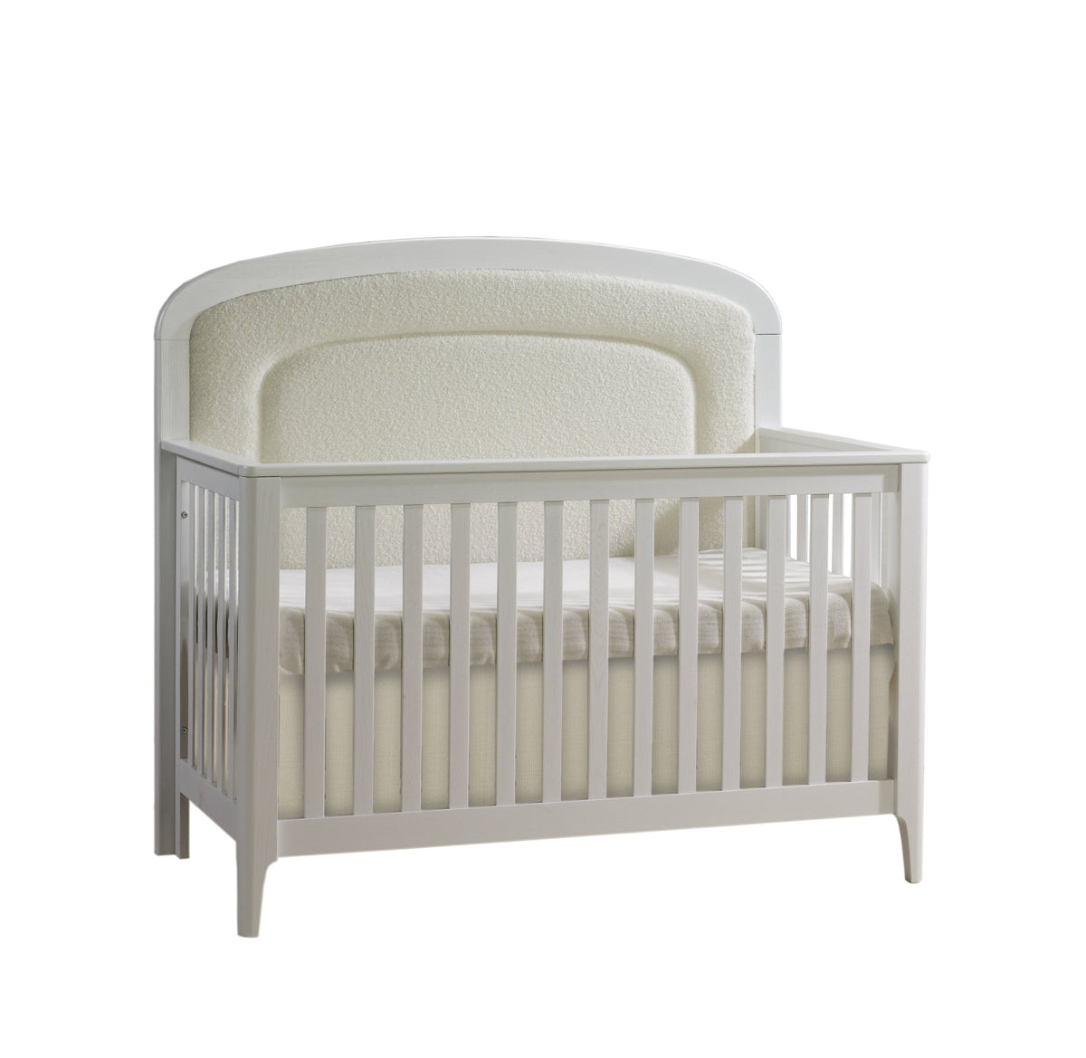 Natart Juvenile Palo 5-in-1 Convertible Crib - White with Bouclé Beige Upholstered Headboard Panel Natart