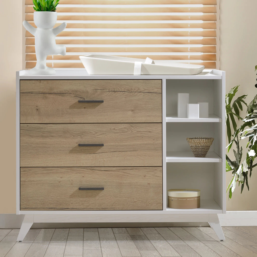 Tulip Juvenile Sissi Convertible Crib and 3 Drawer Dresser Set - White/Natural Oak Tulip Juvenile