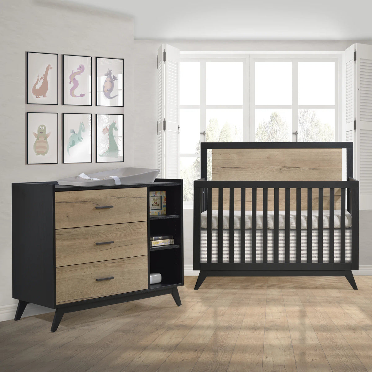 Tulip Juvenile Sissi Convertible Crib with 3 Drawer Dresser Set - Black/Natural Oak Tulip Juvenile