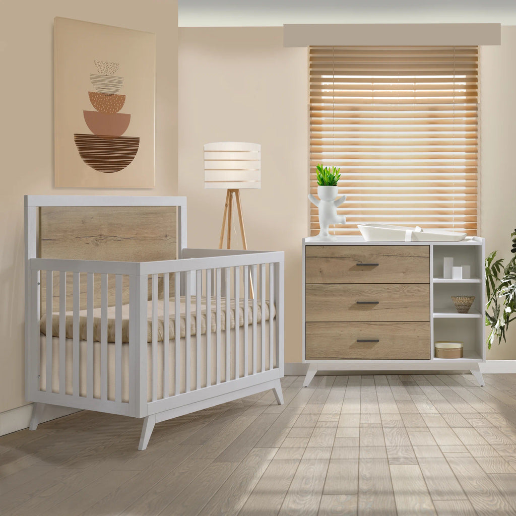 Tulip Juvenile Sissi Convertible Crib and 3 Drawer Dresser Set - White/Natural Oak Tulip Juvenile