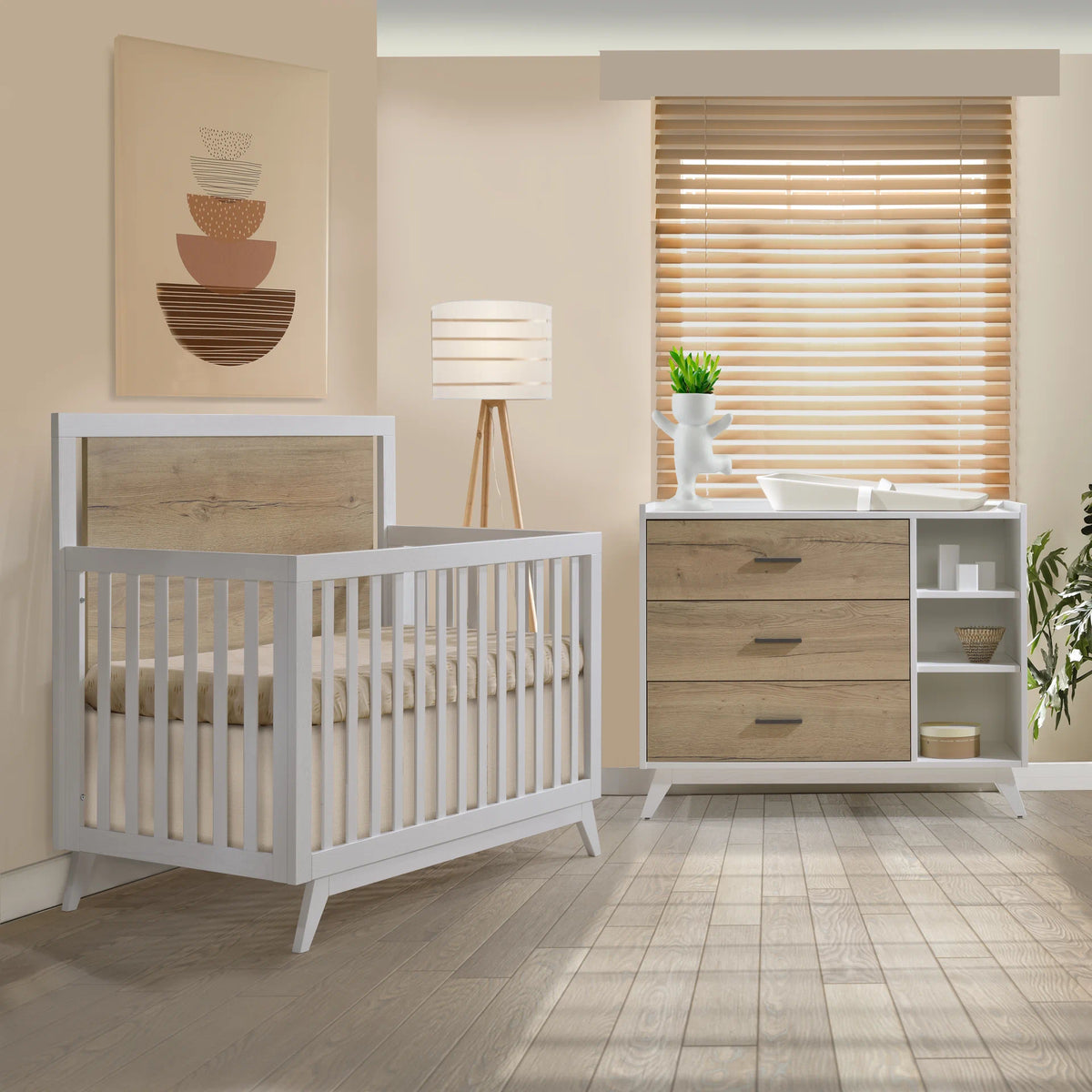 Tulip Juvenile Sissi Convertible Crib and 3 Drawer Dresser Set - White/Natural Oak Tulip Juvenile