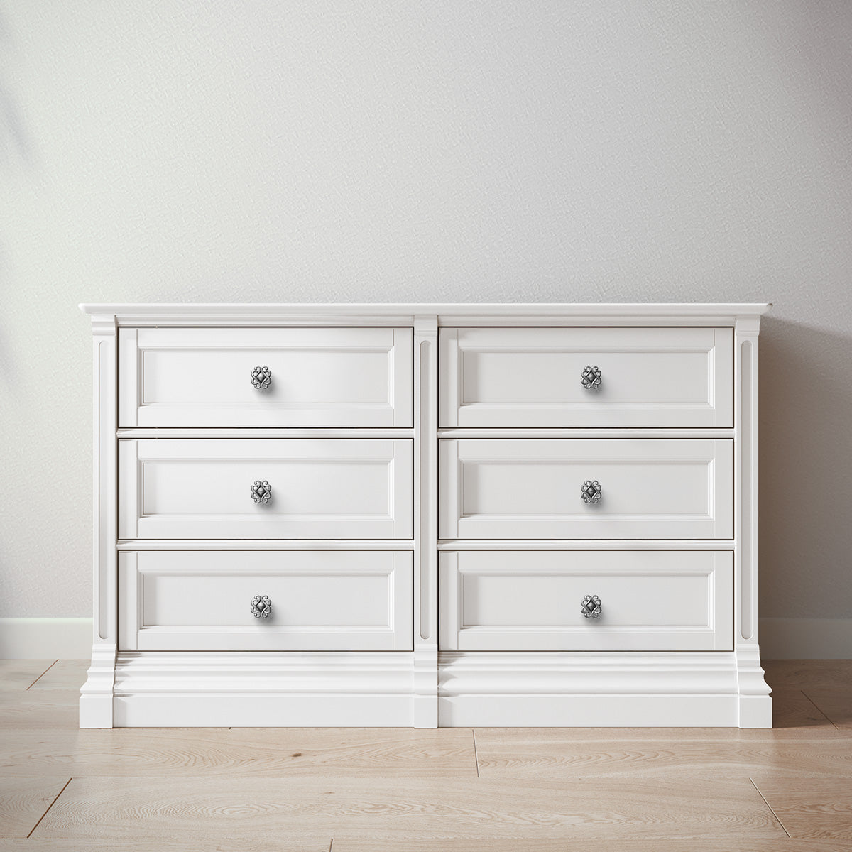 Romina Furniture Imperio Double Dresser - Solid White with Pewter Celtic Knobs Romina Furniture