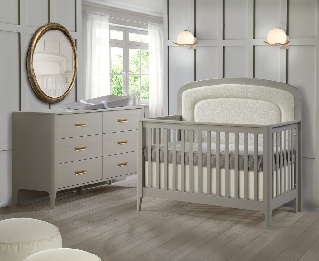 Natart Juvenile Palo Crib 5-in-1 Convertible Crib - Dove with Bouclé Beige Upholstered Headboard Panel Natart