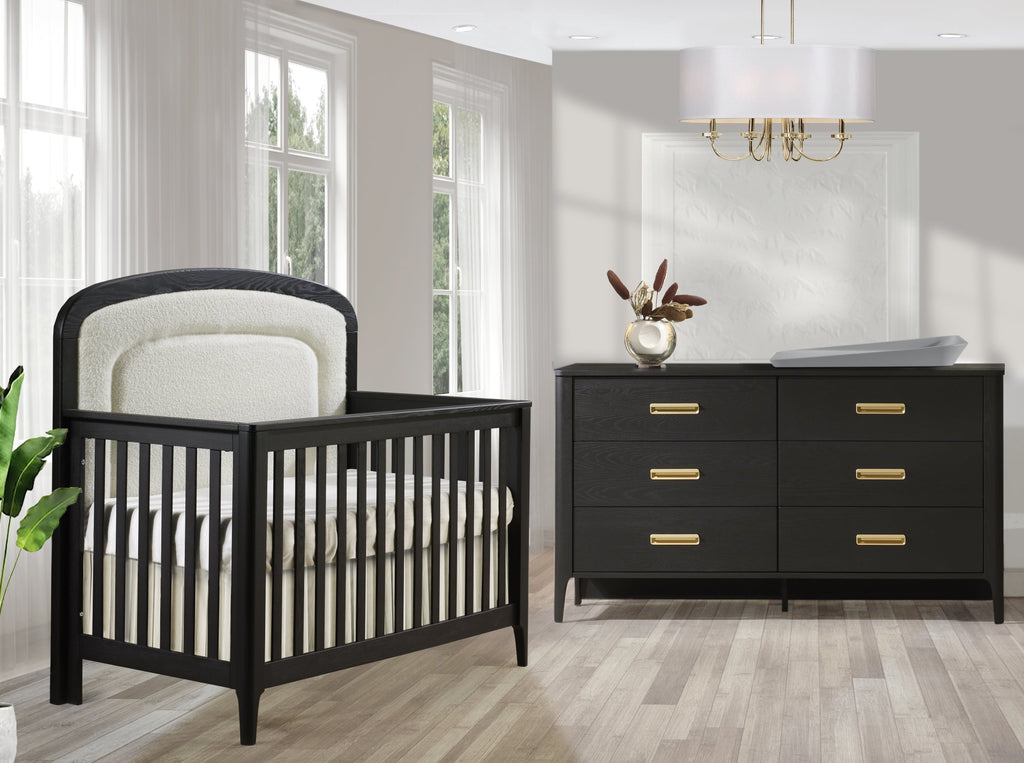 Natart Juvenile Palo 5-in-1 Convertible Crib - Dusk with Bouclé Beige Upholstered Headboard Panel Natart