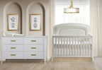 Natart Juvenile Palo 5-in-1 Convertible Crib - White with Bouclé Beige Upholstered Headboard Panel Natart